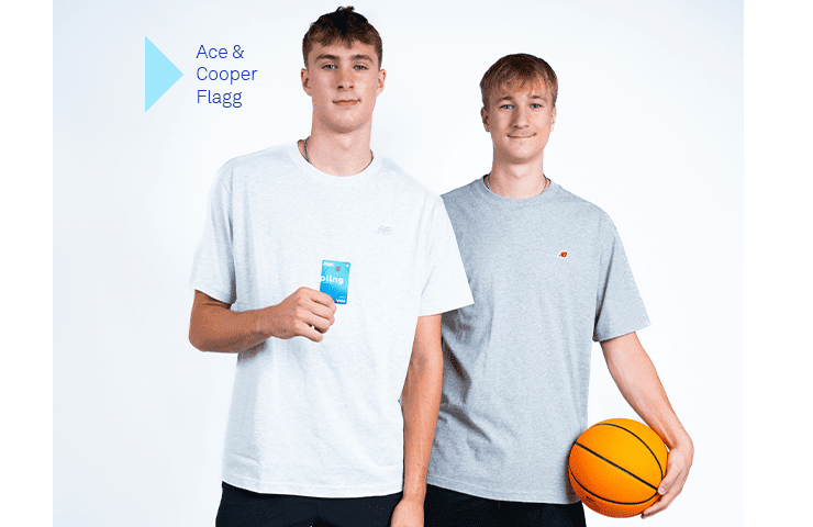 Ace and Cooper Flagg holding a pling® card and basketball