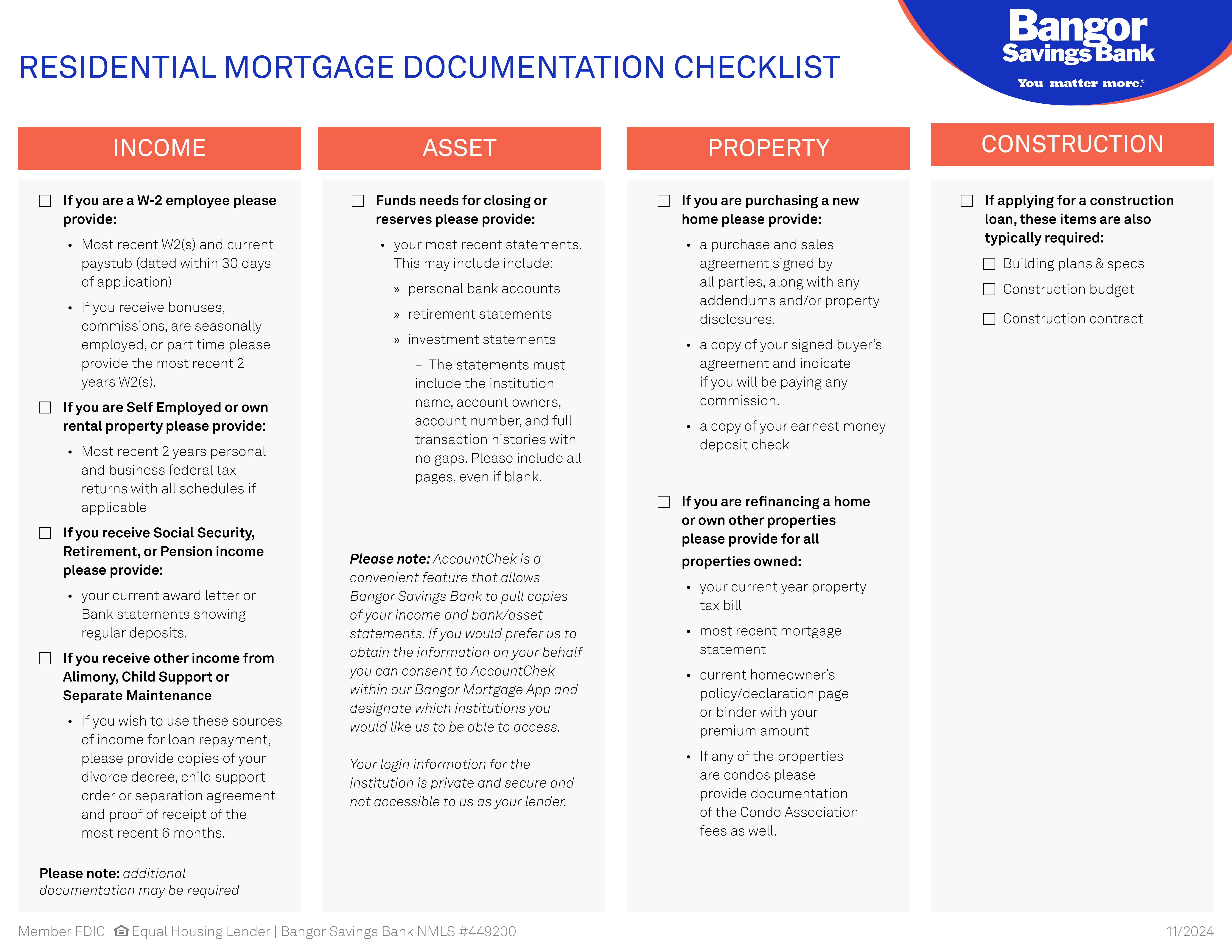 Residential Mortgage Documentation Checklist