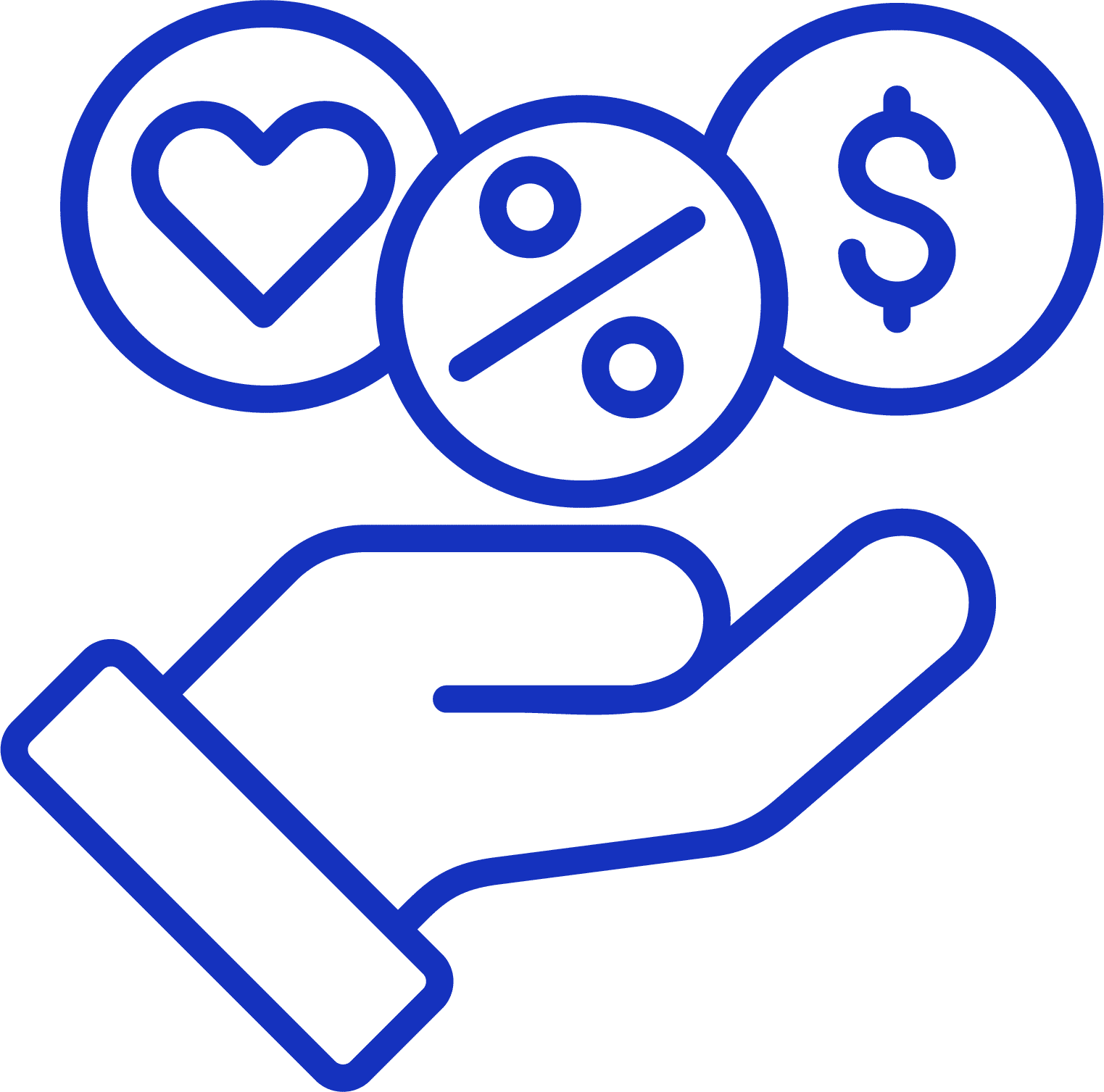 hand holding a cash, heart, and percentage icon