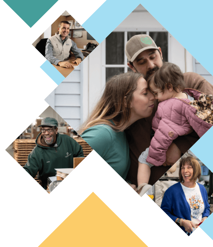 Geometric collage of a family in front of their home, a volunteer at a thrift shop, a warehouse worker, and a Bangor Savings Bank employee